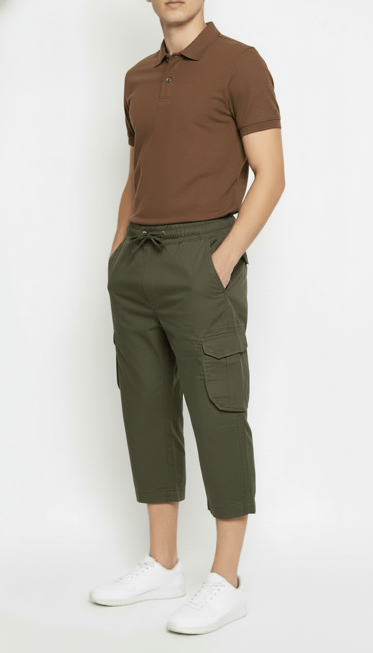 Men's Casual Cargo Shorts with Elastic Drawstring Waist in Green Color