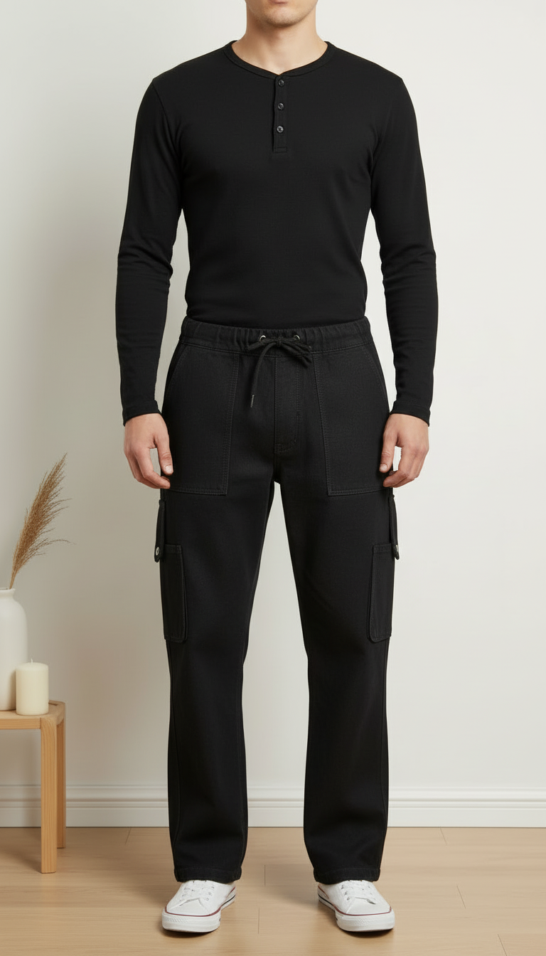 Men’s Relaxed Fit Cargo Denim Joggers with Drawstring Waist – Black