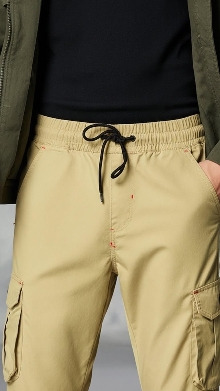 Beige Six Pocket Cargo Trouser For Men's