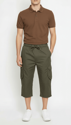 Men's Casual Cargo Shorts with Elastic Drawstring Waist in Green Color