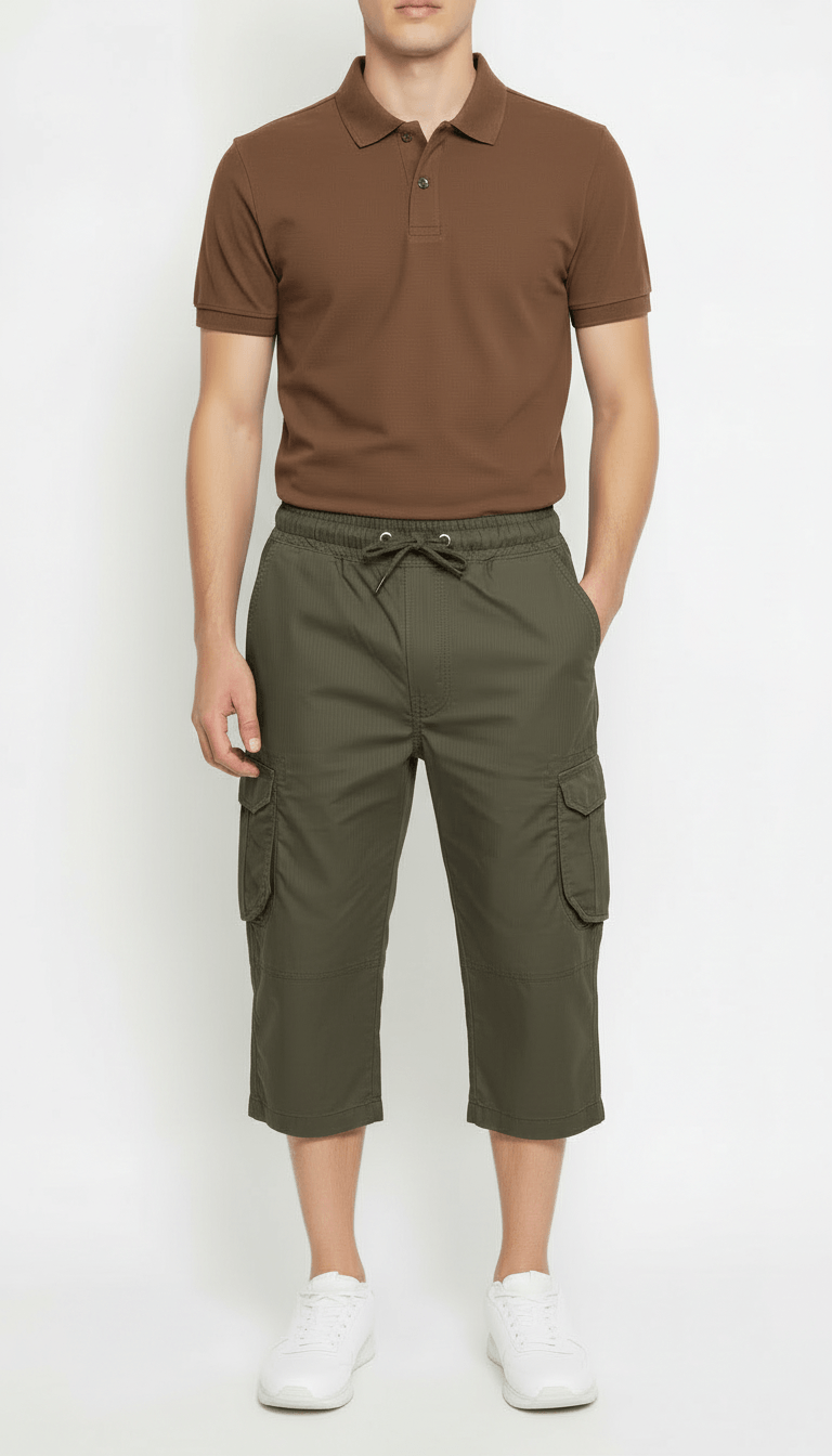 Men's Casual Cargo Shorts with Elastic Drawstring Waist in Green Color