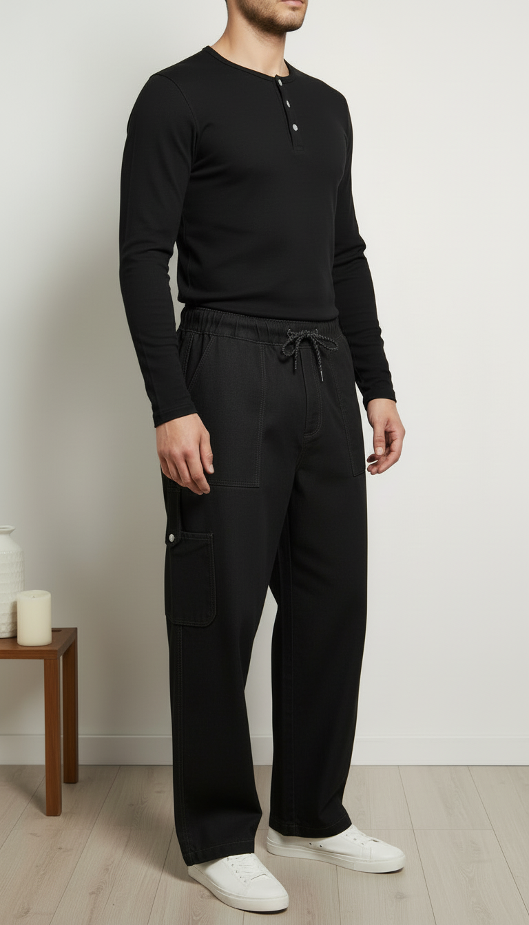 Men’s Relaxed Fit Cargo Denim Joggers with Drawstring Waist – Black