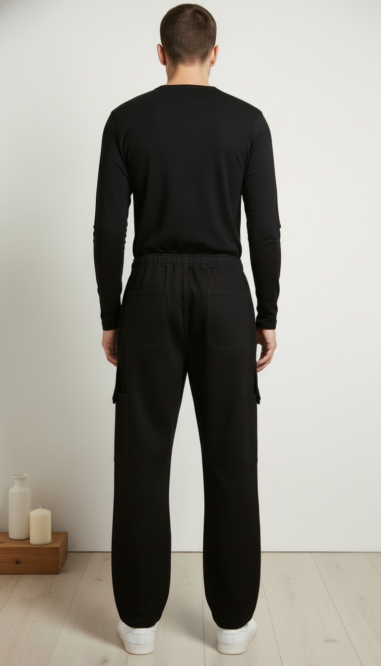 Men’s Relaxed Fit Cargo Denim Joggers with Drawstring Waist – Black