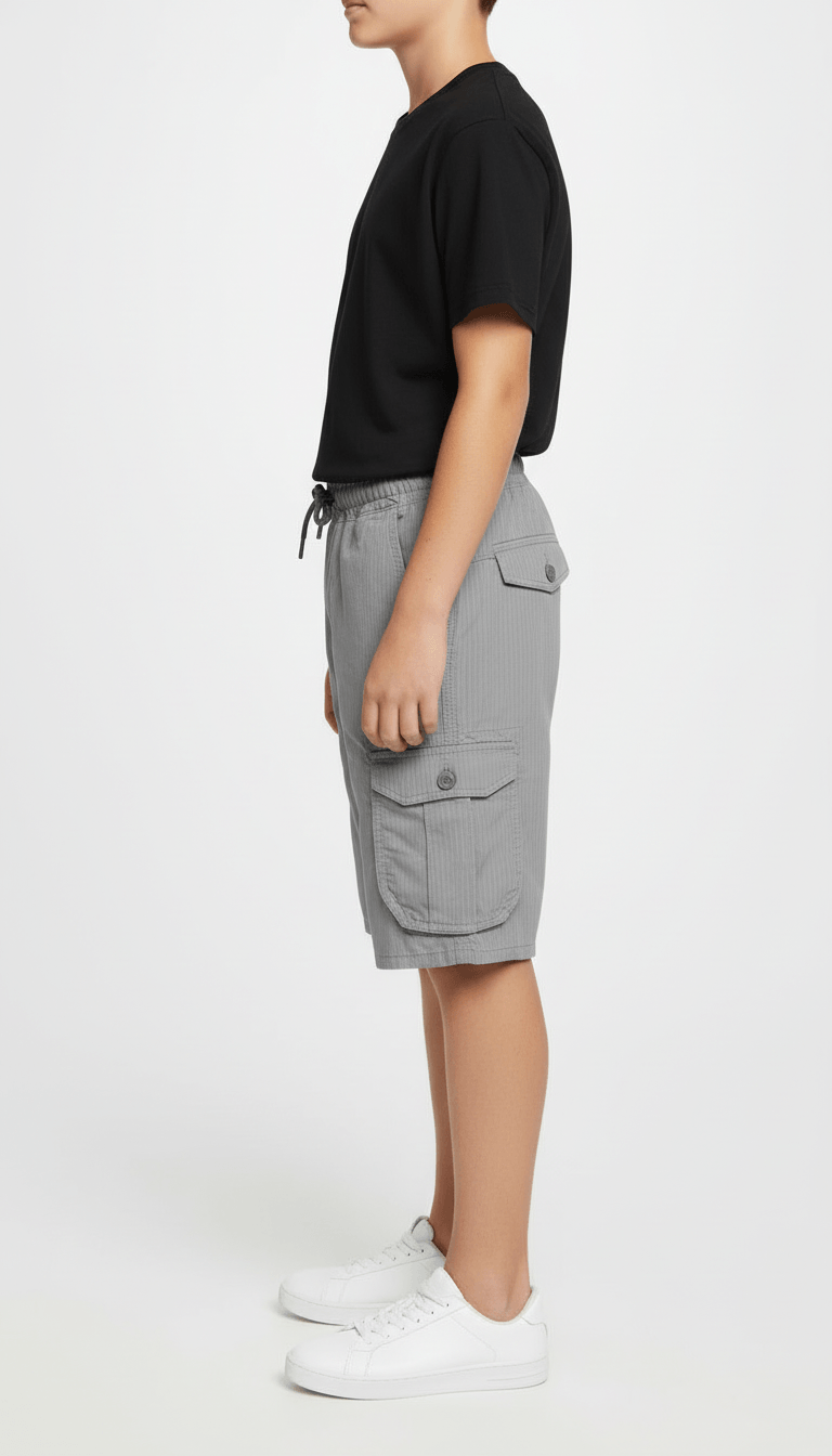 Kids’ Cargo Shorts Lightweight Stretch, Adjustable Waist, Grey