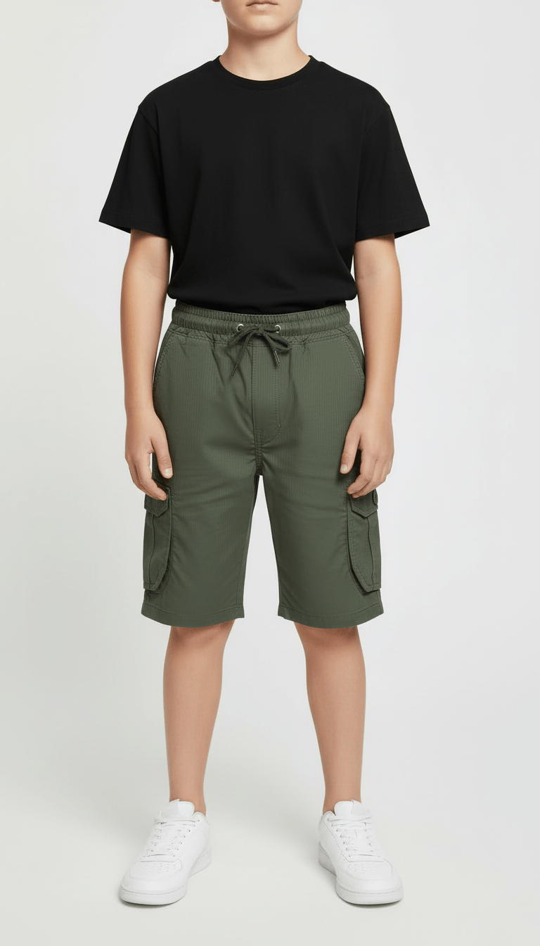 Kids’ Utility Cargo Shorts - Adjustable Waist, Olive Green