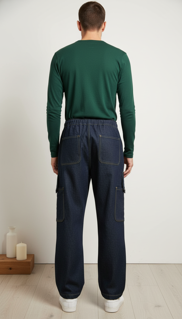 Men’s Relaxed Fit Cargo Denim Joggers with Drawstring Waist – Dark Indigo