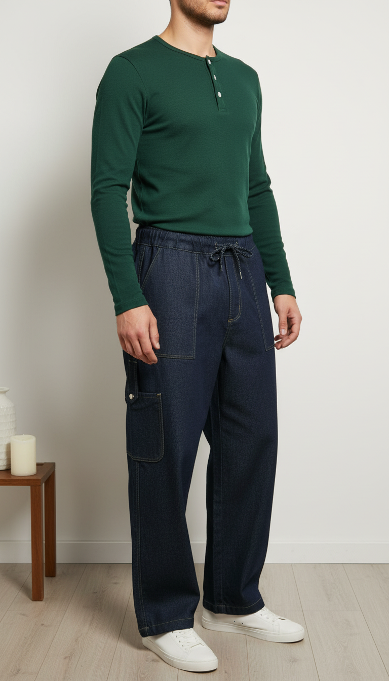 Men’s Relaxed Fit Cargo Denim Joggers with Drawstring Waist – Dark Indigo