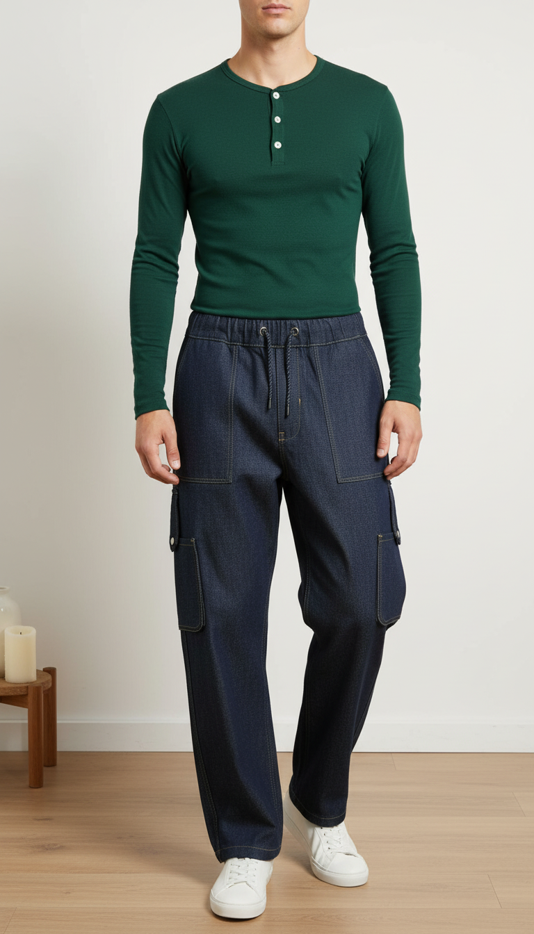 Men’s Relaxed Fit Cargo Denim Joggers with Drawstring Waist – Dark Indigo