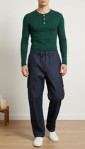 Men’s Relaxed Fit Cargo Denim Joggers with Drawstring Waist – Dark Indigo