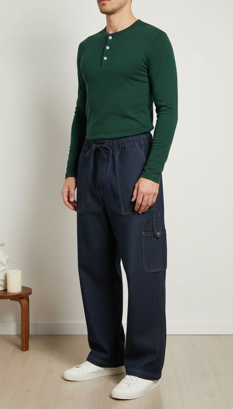 Men’s Relaxed Fit Cargo Denim Joggers with Drawstring Waist – Dark Indigo