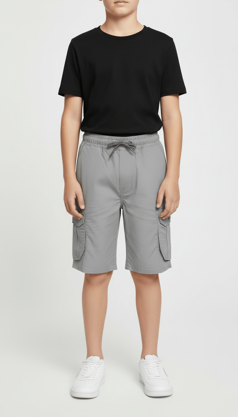 Kids’ Cargo Shorts Lightweight Stretch, Adjustable Waist, Grey