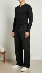 Men’s Relaxed Fit Cargo Denim Joggers with Drawstring Waist – Black