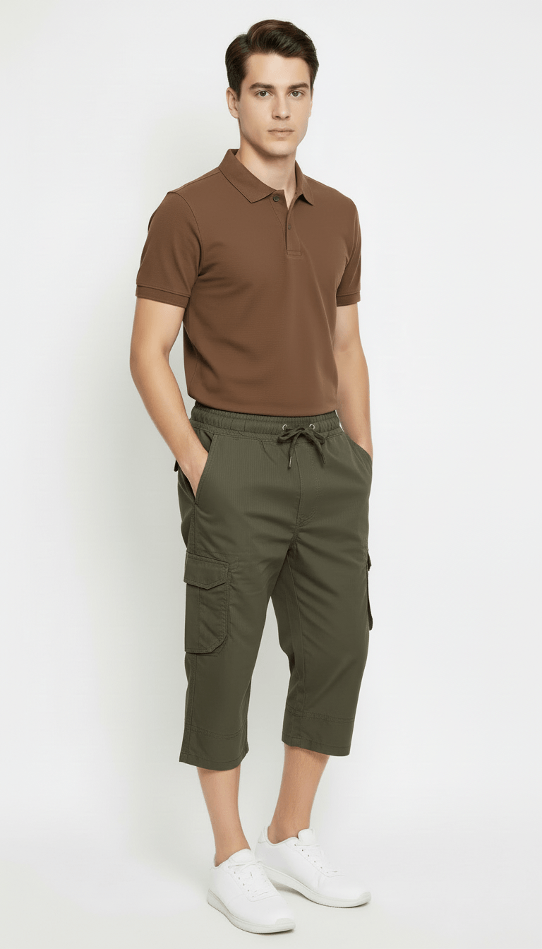 Men's Casual Cargo Shorts with Elastic Drawstring Waist in Green Color